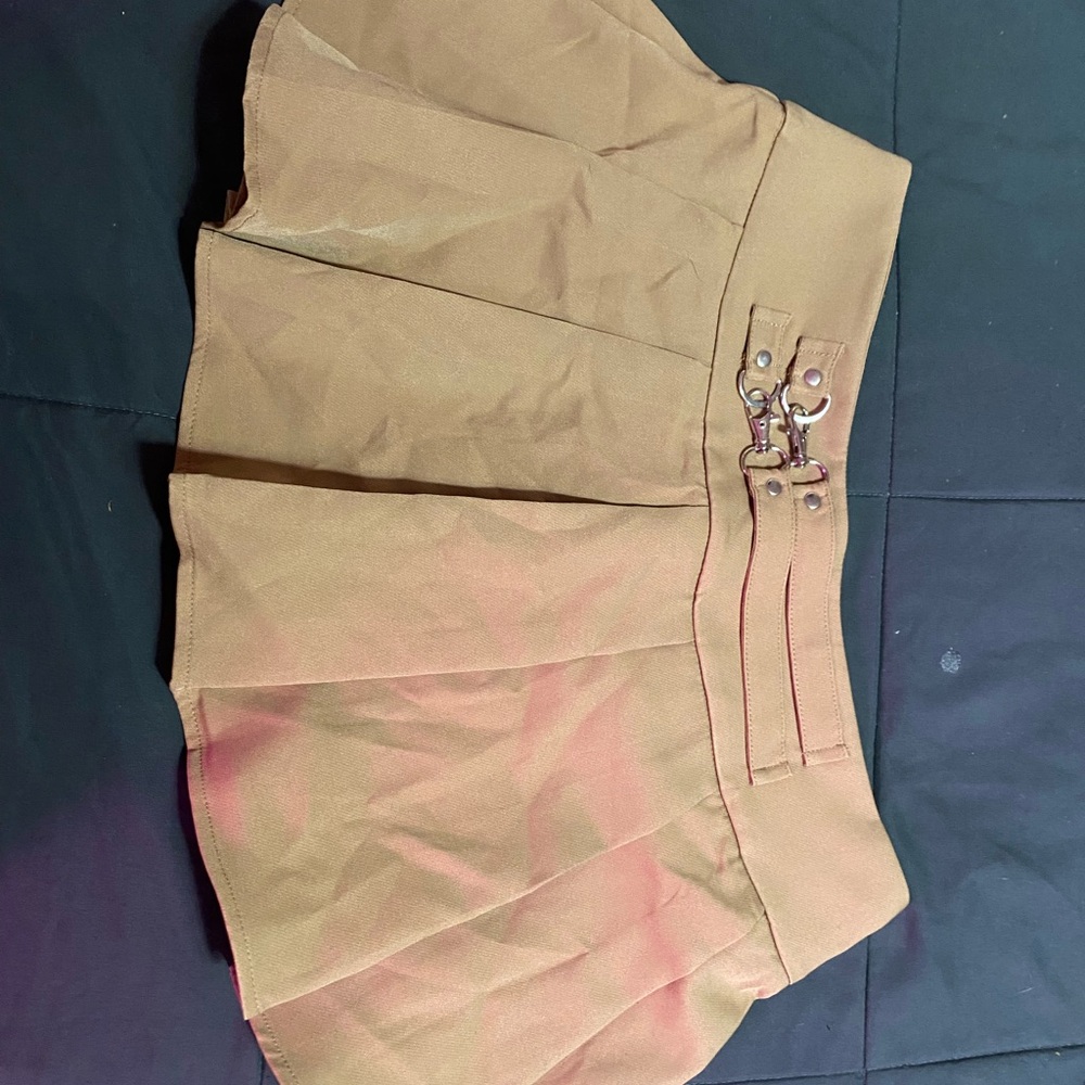 Tan Pleated Mini Skirt with Buckle Detail